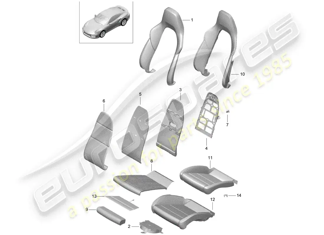 porsche 2018 (991-2 turbo) parte de espuma diagrama de piezas
