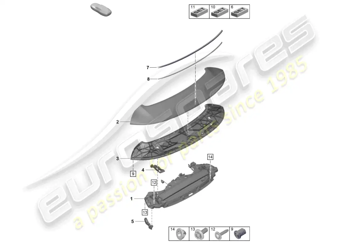 porsche 2023 (992-1 gt3/rs/st) alerón trasero diagrama de piezas