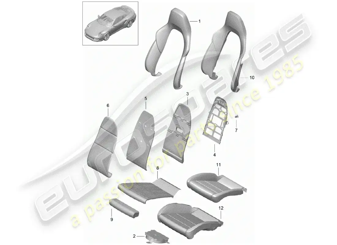 porsche 2018 (991-2 turbo) parte de espuma diagrama de piezas