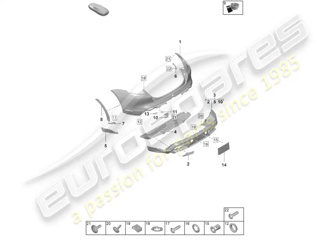 porsche 2023 (taycan 9j1-1) parachoques trasero para variante de equipamiento: básico offroad cross turismo diagrama de piezas