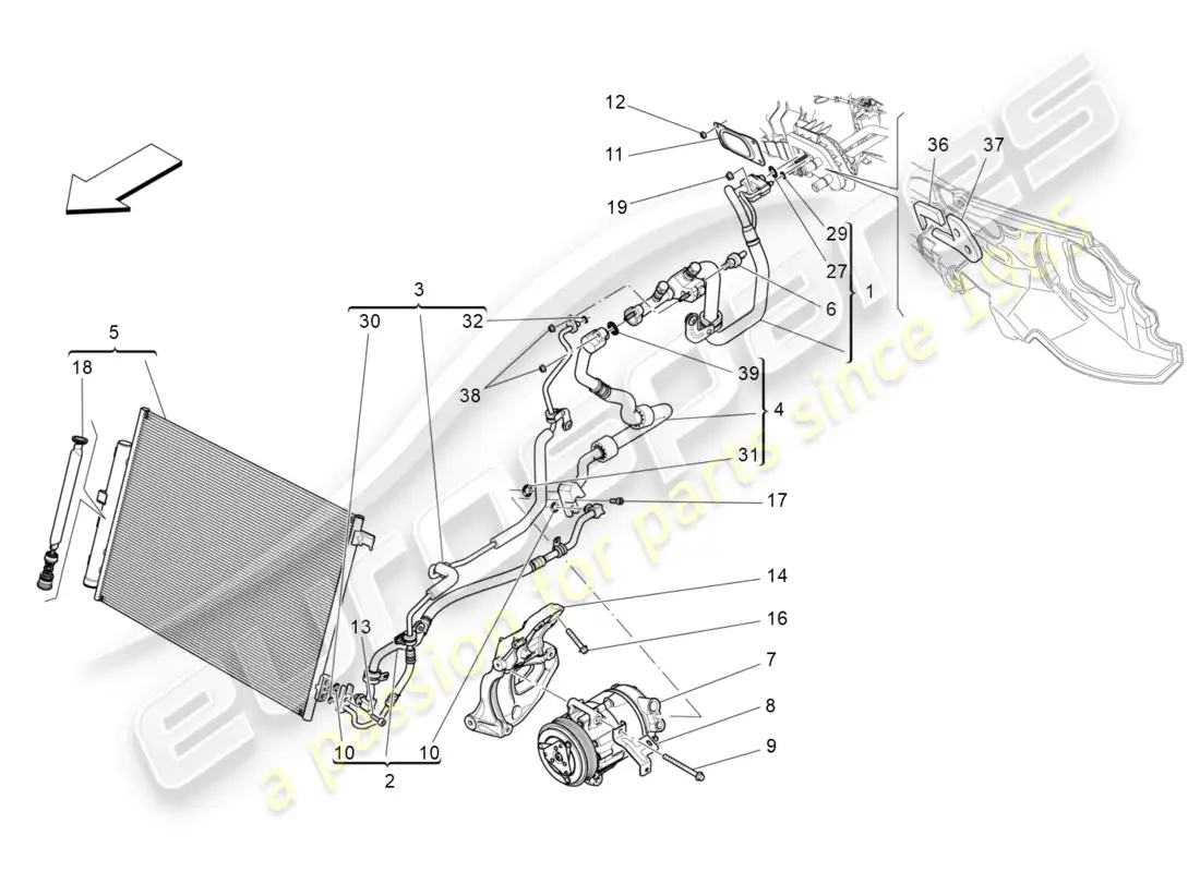 maserati levante (2019) unidad de a/c: dispositivos del compartimiento del motor diagrama de piezas