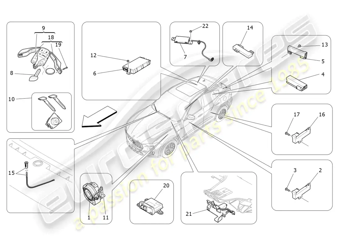maserati levante gt (2022) sistema de alarma e inmovilizador diagrama de piezas