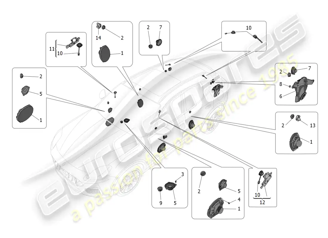 maserati grecale trofeo (2023) sistema de difusión de sonido diagrama de piezas