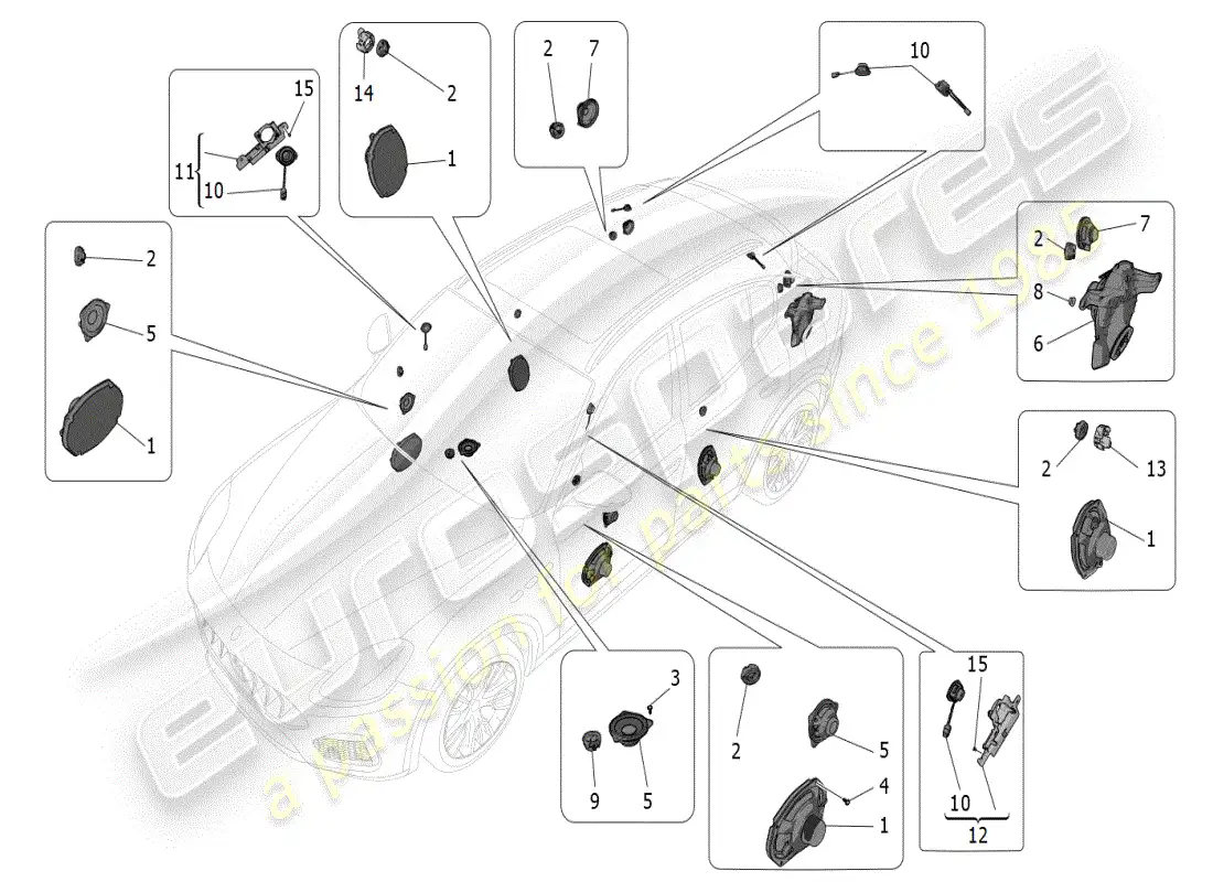 maserati grecale modena (2023) sistema de difusión de sonido diagrama de piezas