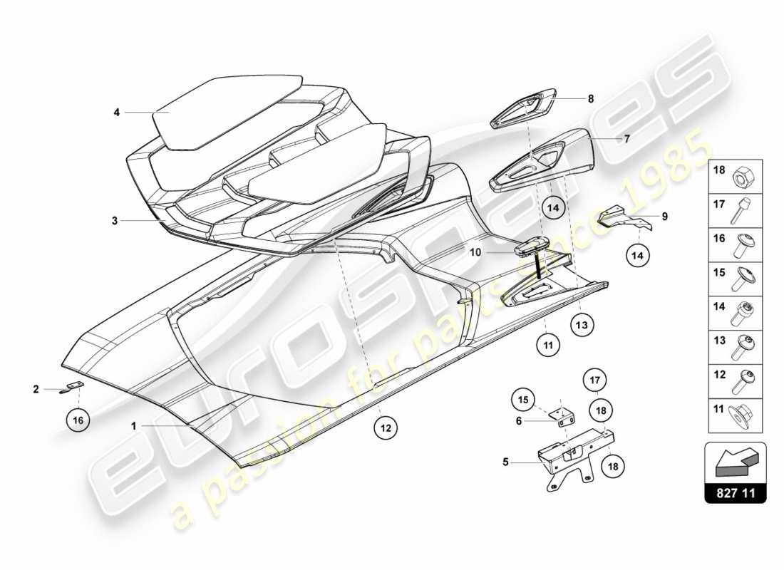lamborghini centenario roadster (2017) cubierta del motor con insp. diagrama de piezas de la cubierta