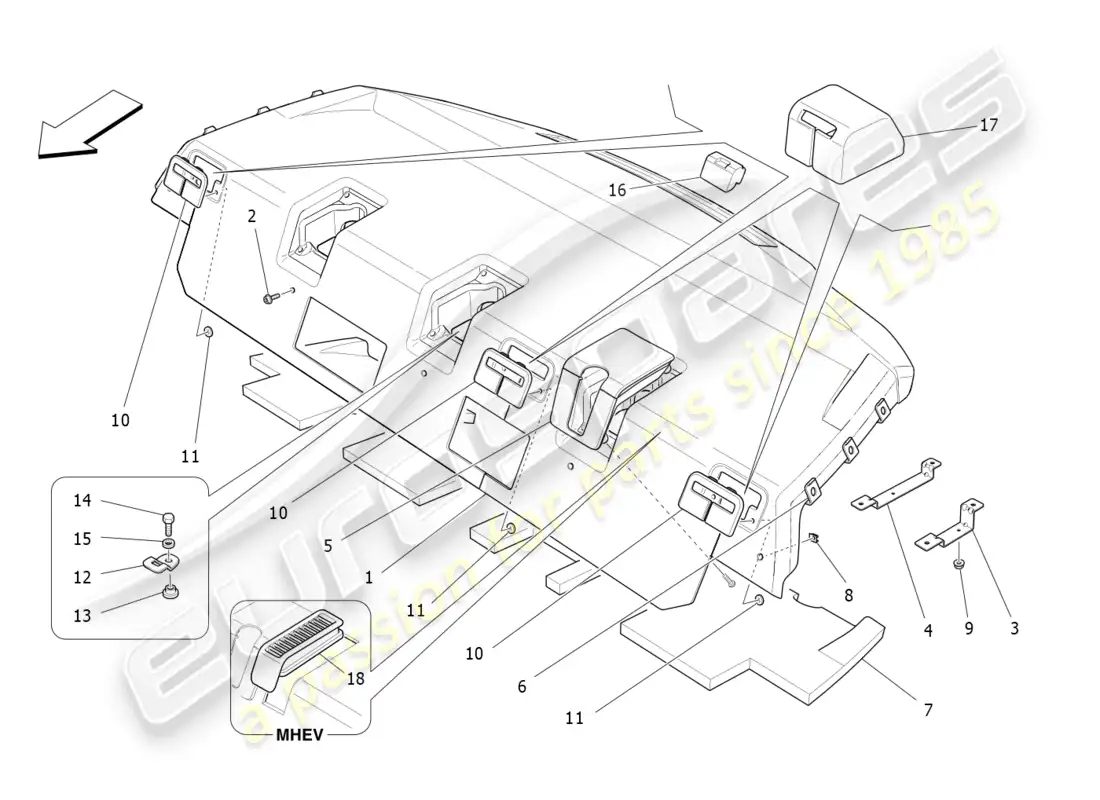 maserati ghibli (2014) estante trasero para paquetes diagrama de piezas