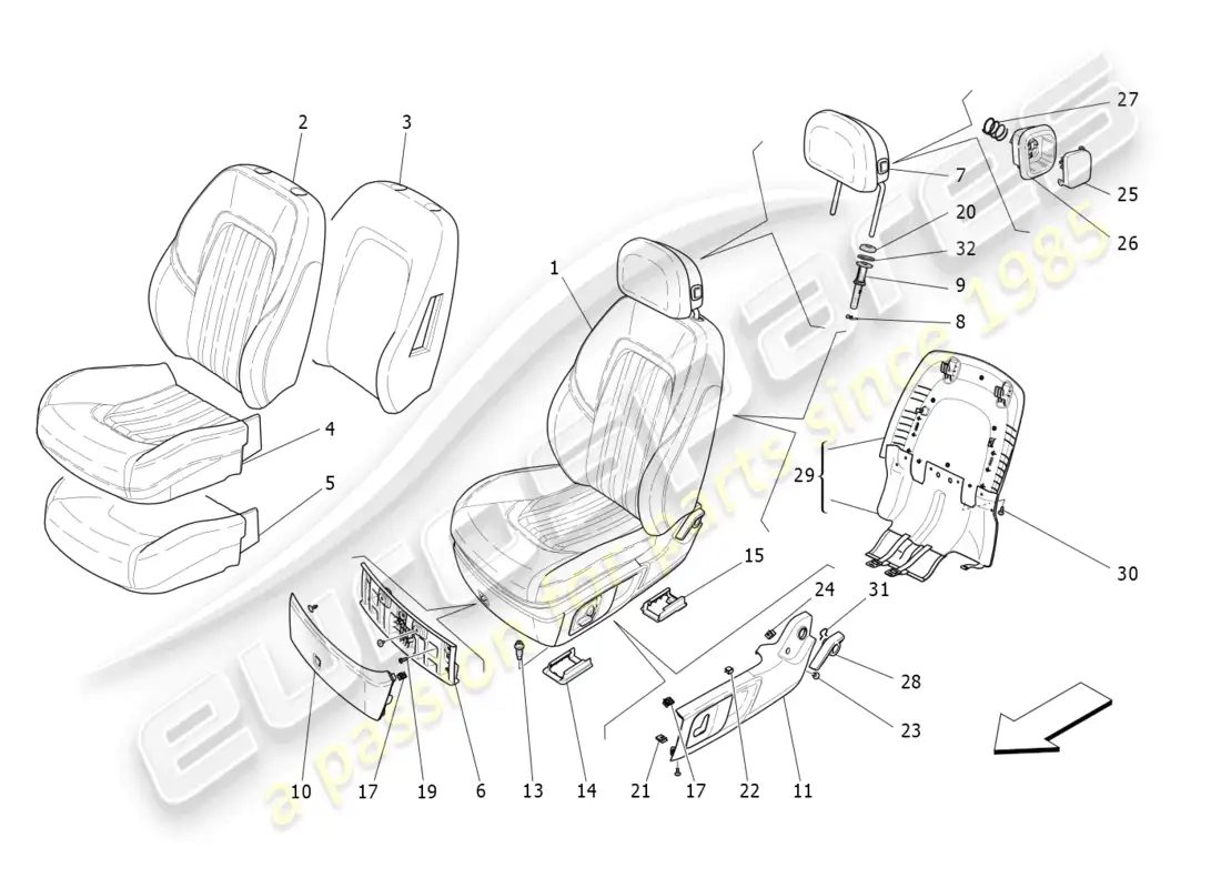 maserati levante modena (2022) front seats: trim panels diagrama de piezas