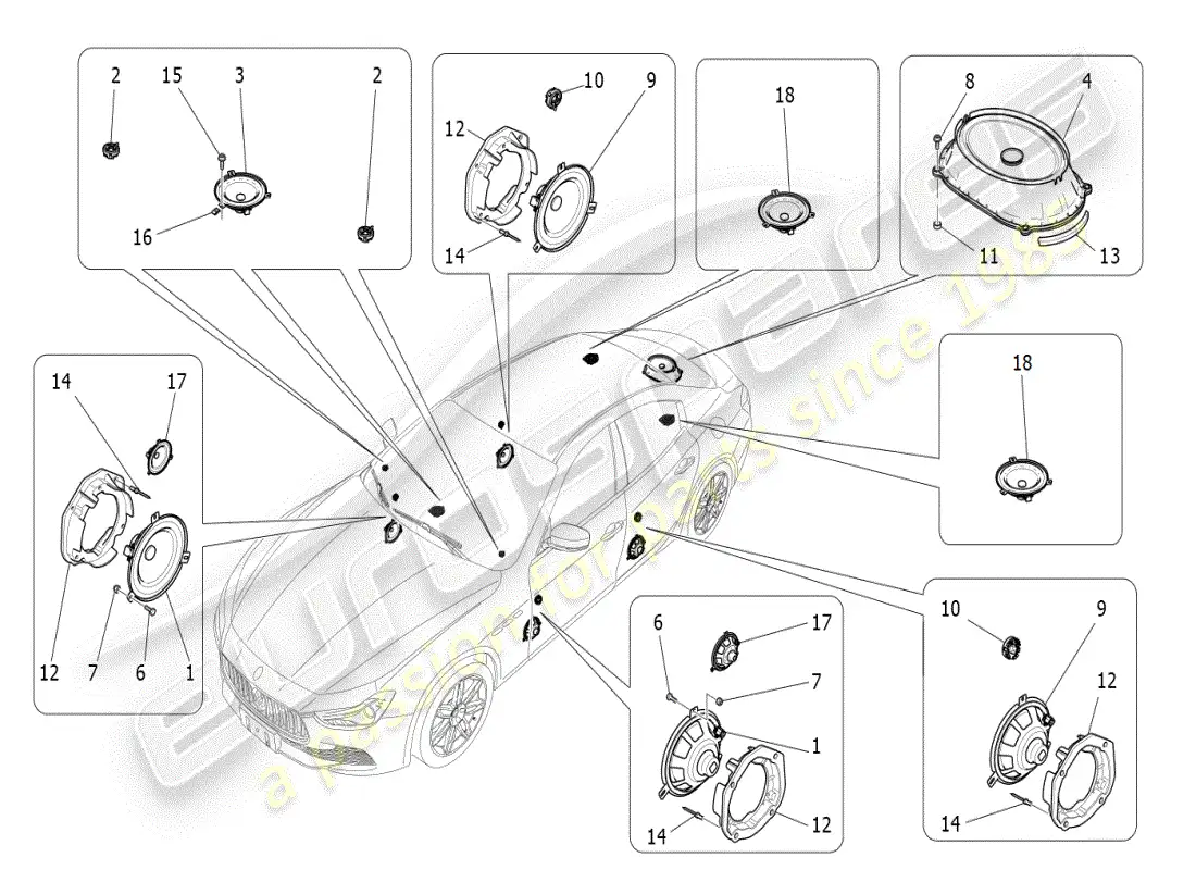 maserati ghibli (2019) sistema de difusión de sonido diagrama de piezas
