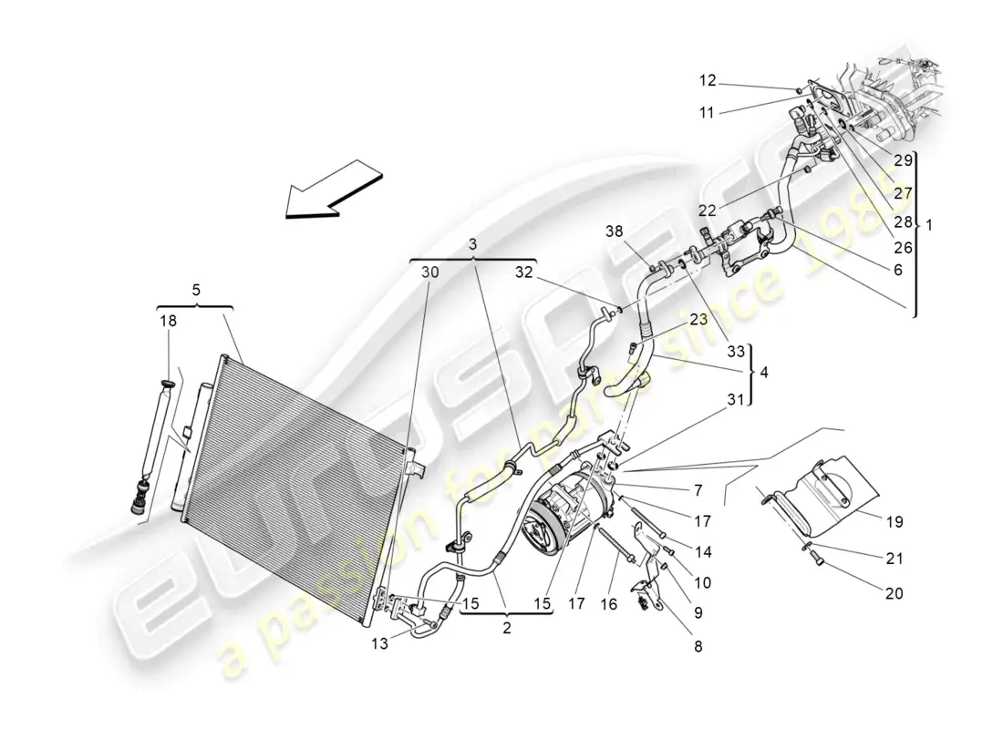 maserati levante trofeo (2020) unidad de a/c: dispositivos del compartimiento del motor diagrama de piezas