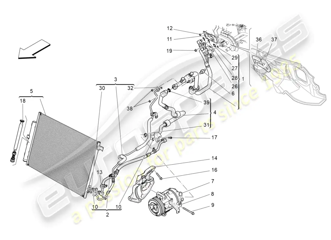 maserati levante (2020) unidad de a/c: dispositivos del compartimiento del motor diagrama de piezas