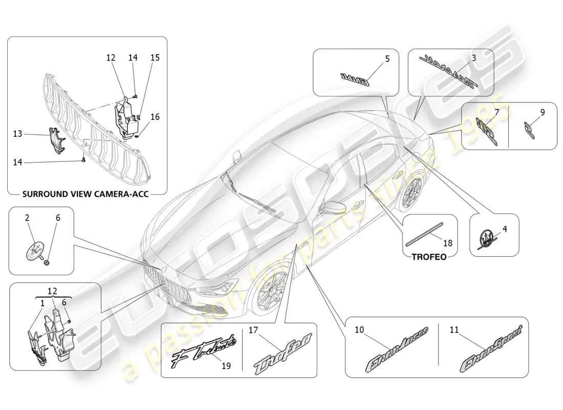 maserati ghibli (2018) acabados, marcas y símbolos diagrama de piezas