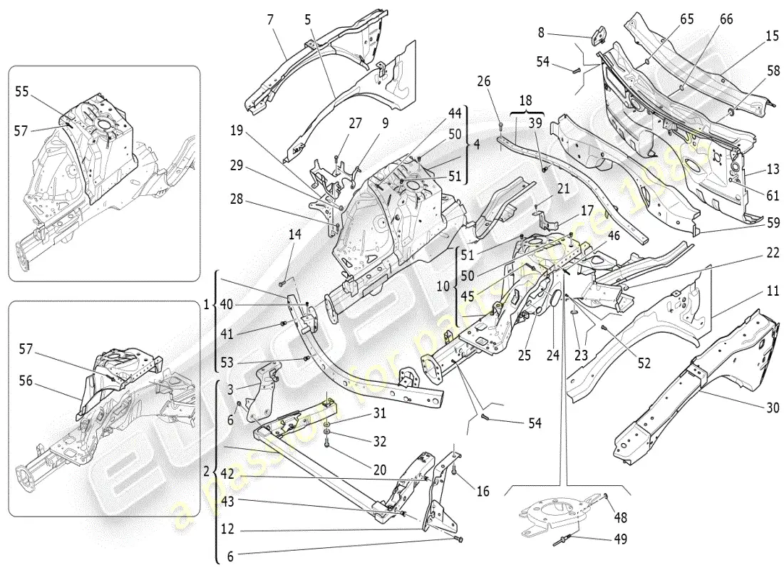 maserati ghibli (2019) diagrama de piezas de marcos estructurales frontales y paneles laminares