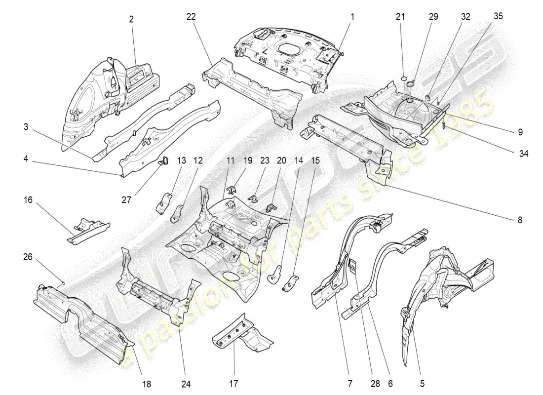 maserati ghibli (2019) diagrama de piezas de marcos estructurales traseros y paneles de chapa