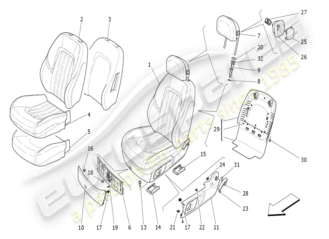 maserati ghibli (2019) asientos delanteros: diagrama de piezas de los paneles tapizados