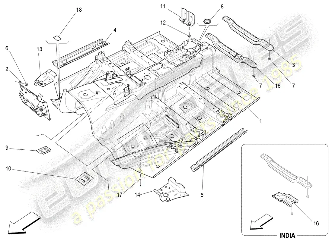 maserati ghibli (2019) diagrama de piezas de marcos estructurales centrales y paneles laminares