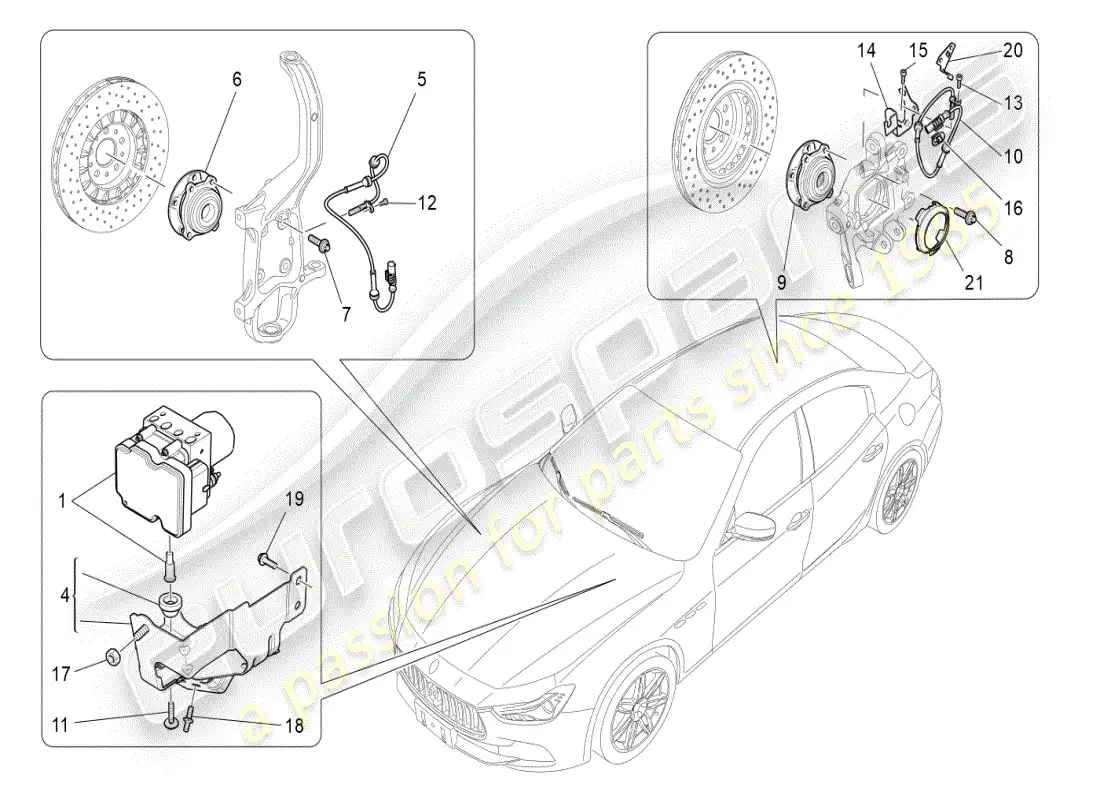 maserati ghibli (2019) diagrama de piezas de los sistemas de control de frenado