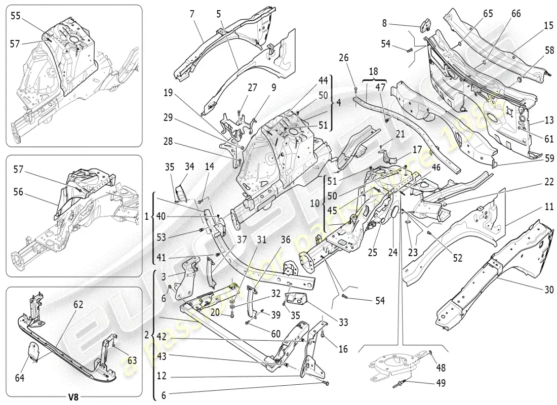 maserati ghibli (2019) diagrama de piezas de marcos estructurales frontales y paneles laminares