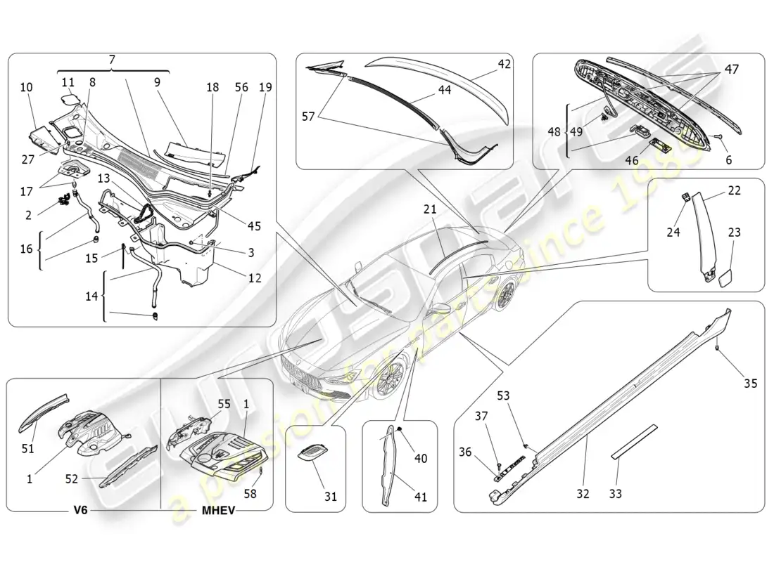 maserati ghibli (2014) protectores, embellecedores y paneles de cobertura diagrama de piezas