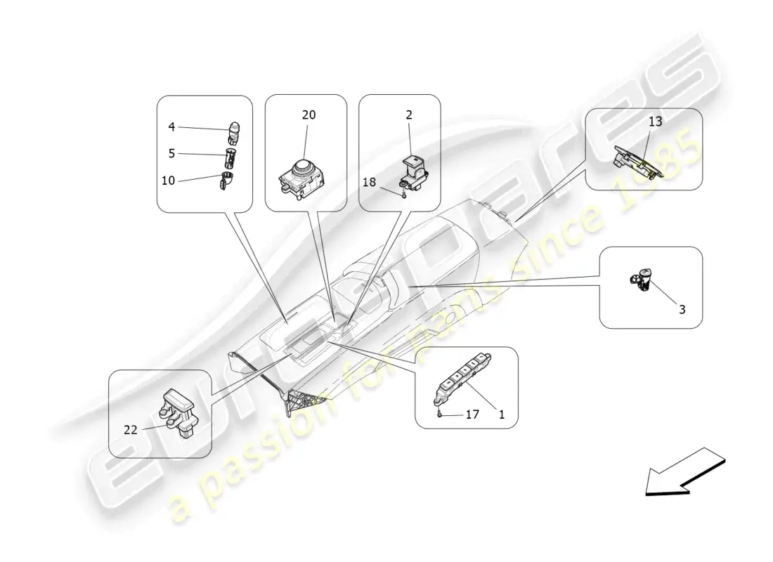 maserati ghibli (2017) dispositivos de consola central diagrama de piezas