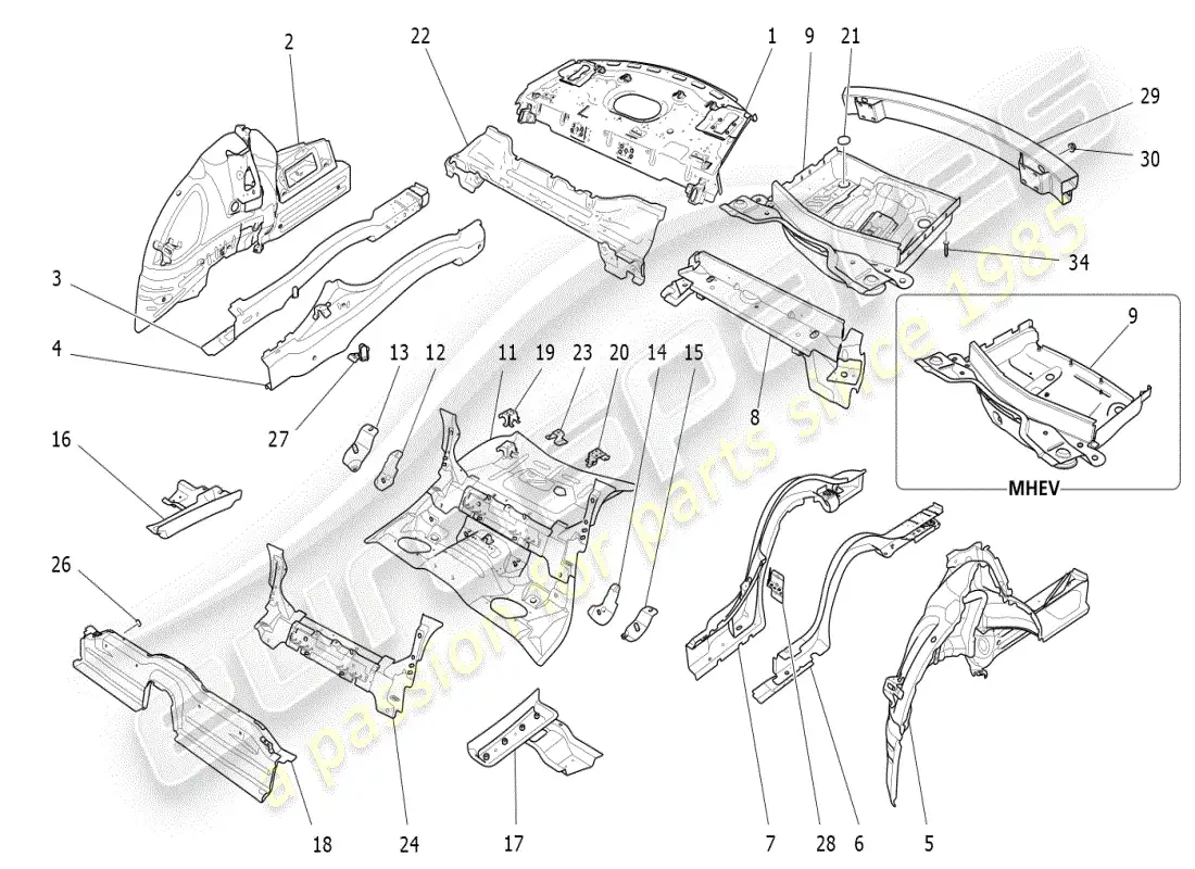 maserati ghibli (2019) diagrama de piezas de marcos estructurales traseros y paneles de chapa