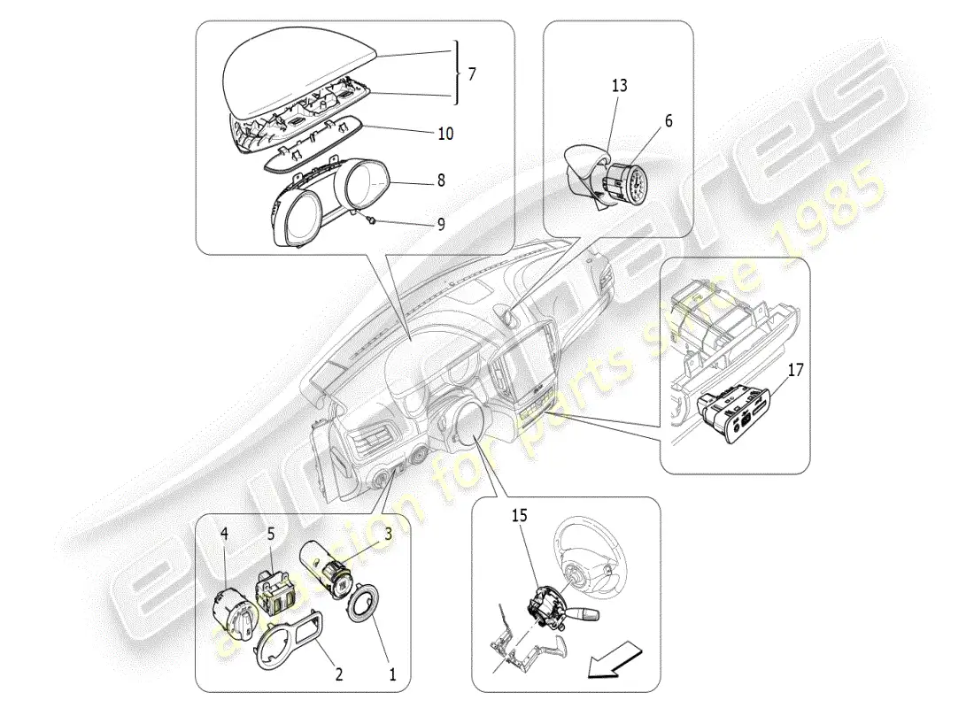 maserati ghibli (2019) diagrama de piezas de los dispositivos del tablero