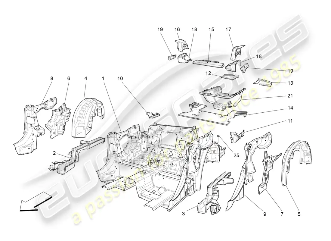 maserati grancabrio mc (2013) marcos estructurales traseros y paneles de chapa diagrama de piezas
