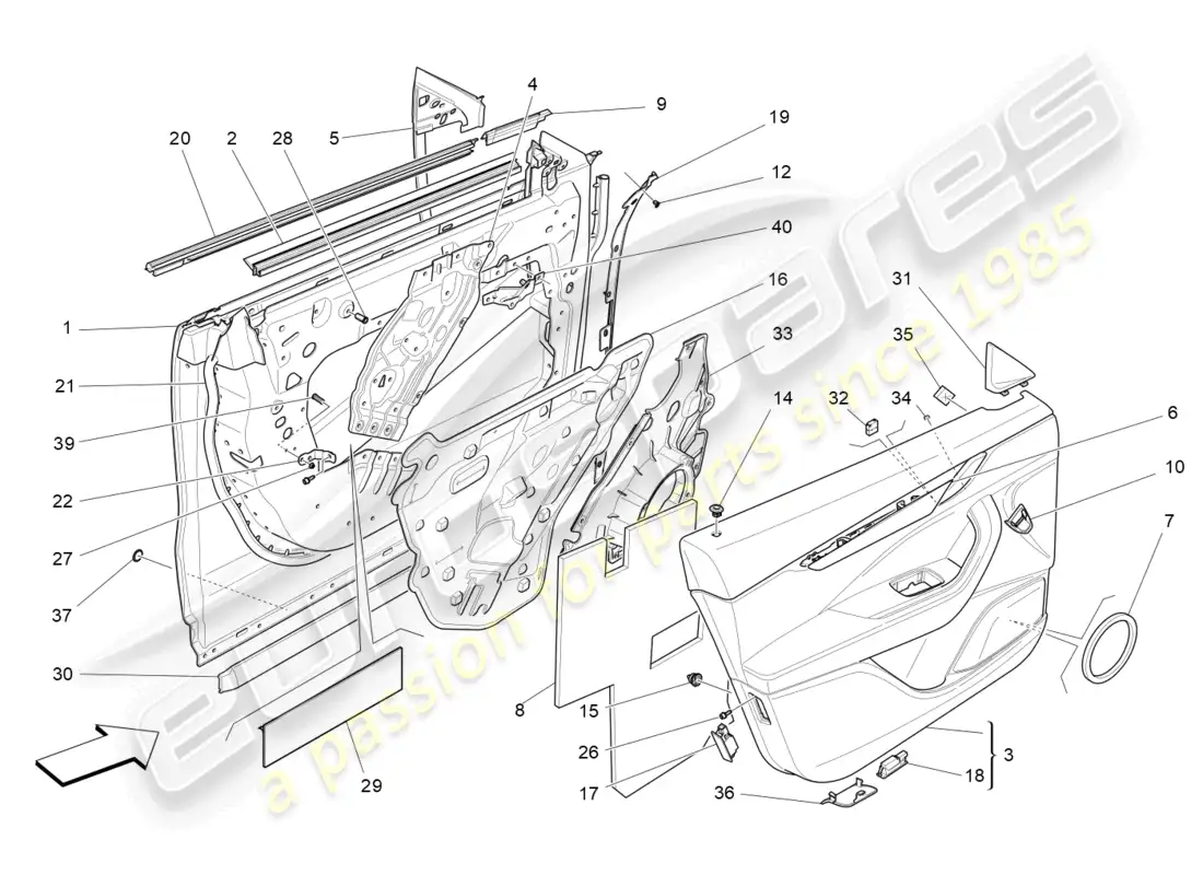 maserati levante (2020) puertas delanteras: paneles de acabado diagrama de piezas