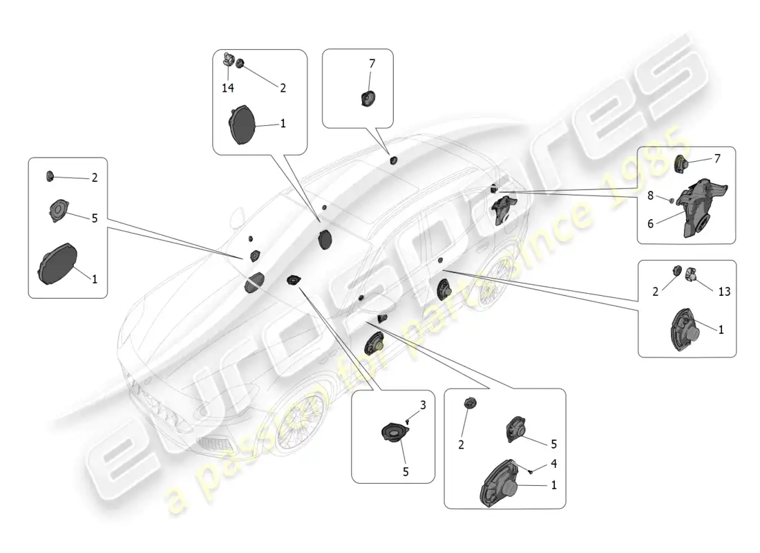 maserati grecale gt (2023) sistema de difusión de sonido diagrama de piezas