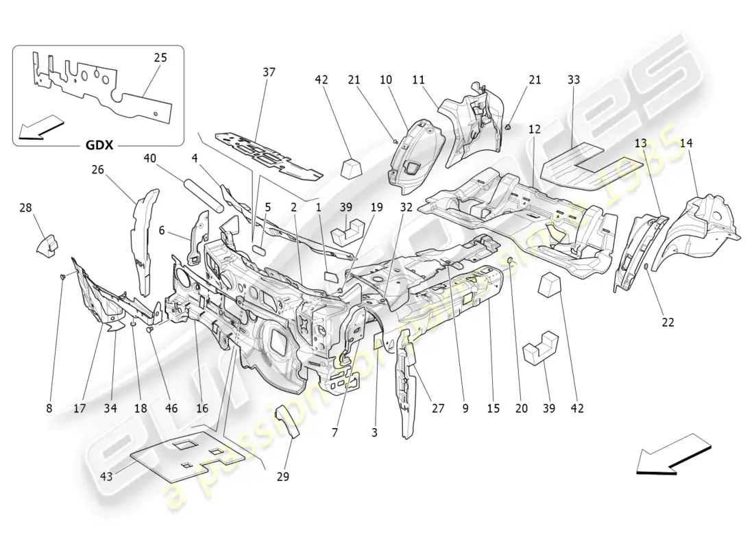 maserati ghibli (2016) paneles insonorizadores en el interior del vehículo diagrama de piezas