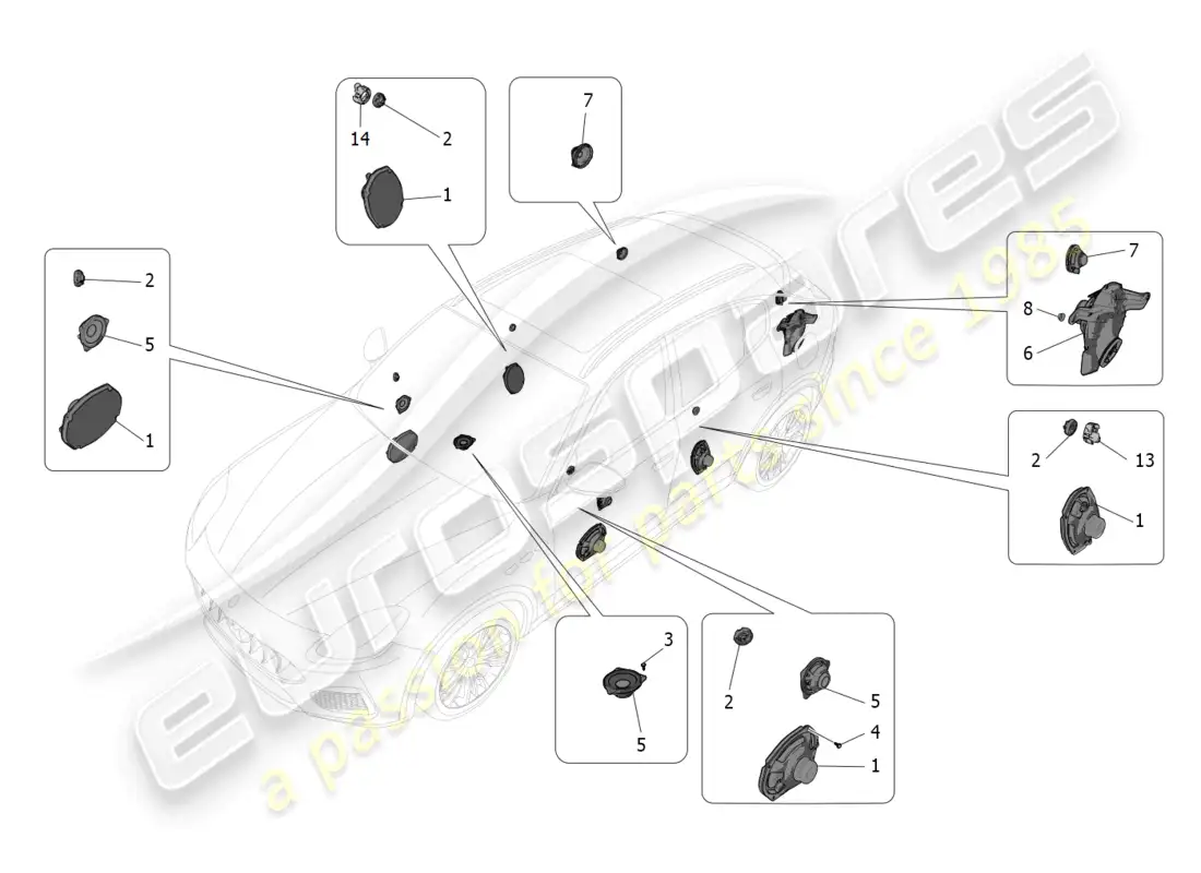maserati grecale trofeo (2023) sistema de difusión de sonido diagrama de piezas