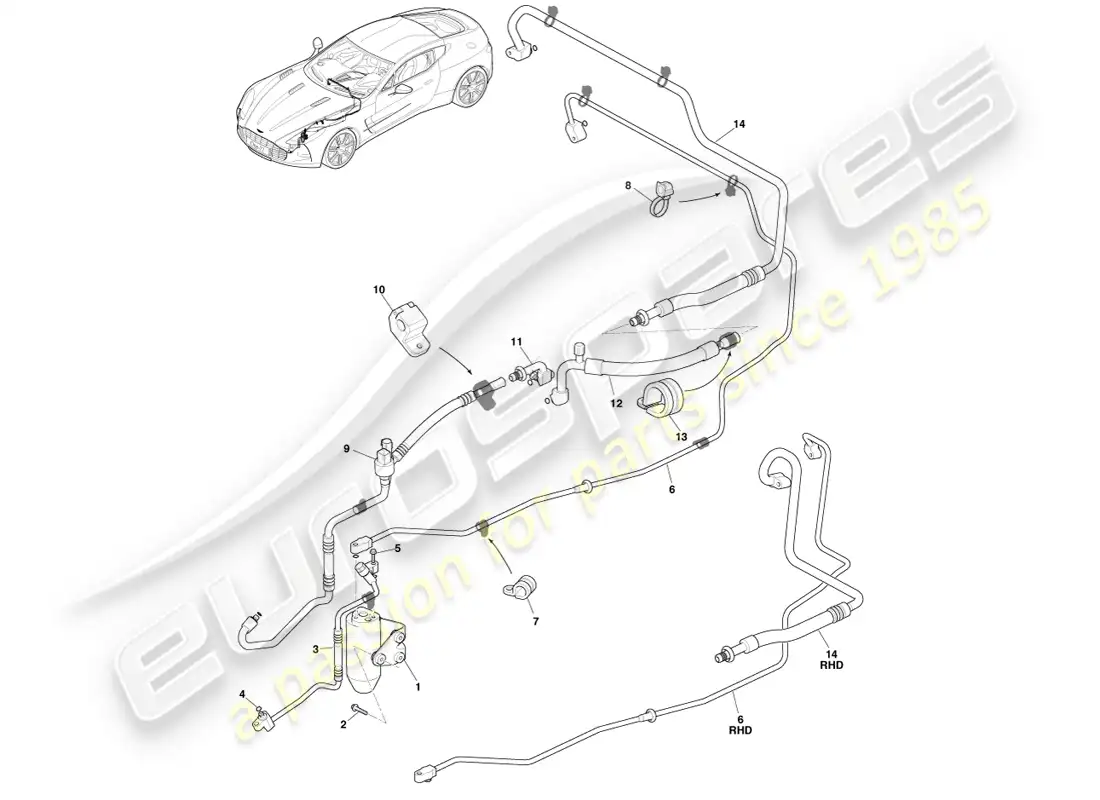 aston martin one-77 (2011) líneas de aire acondicionado diagrama de piezas