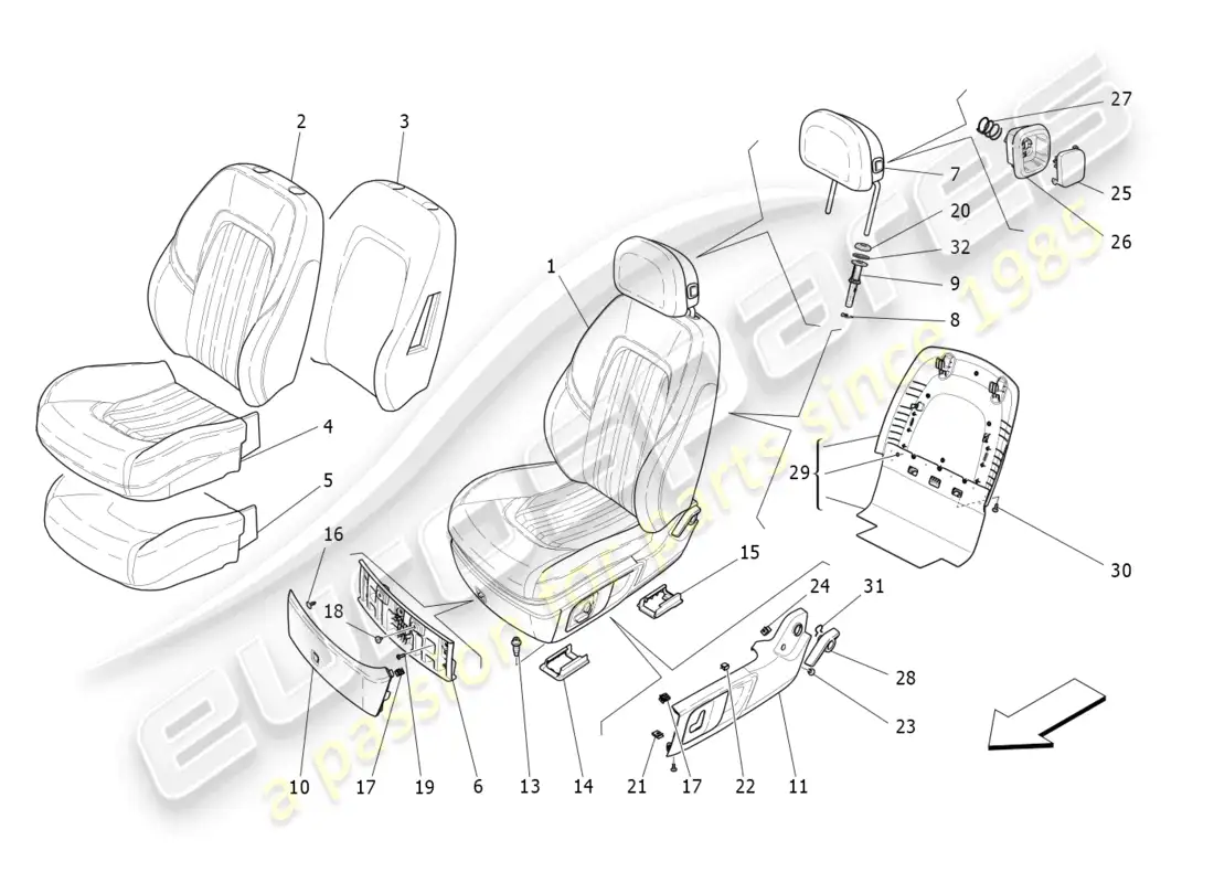 maserati ghibli fragment (2022) front seats: trim panels diagrama de piezas
