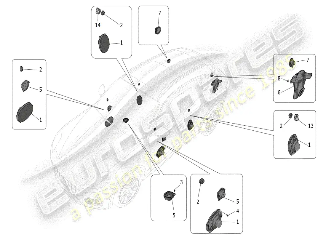 maserati grecale modena (2023) sistema de difusión de sonido diagrama de piezas