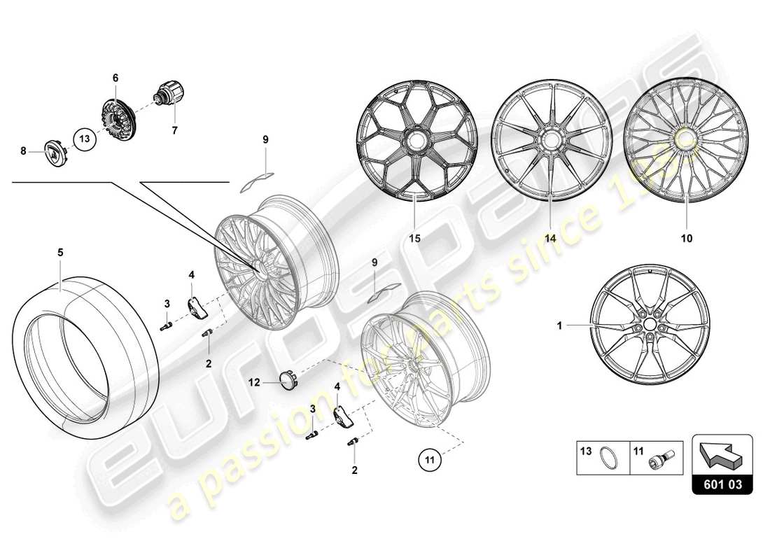 lamborghini 2016 (lp750-4 sv coupe) ruedas/neumáticos delanteros diagrama de piezas