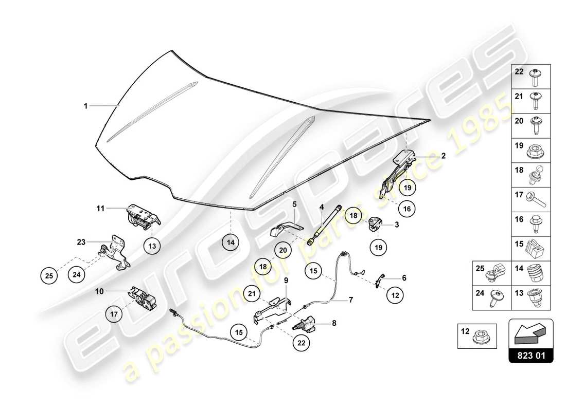 lamborghini evo spyder (2020) capó diagrama de piezas