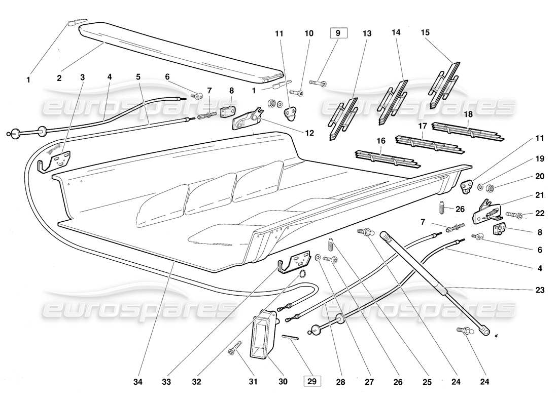 lamborghini diablo (1991) diagrama de piezas del capó del motor (válido para la versión 1992 de junio)