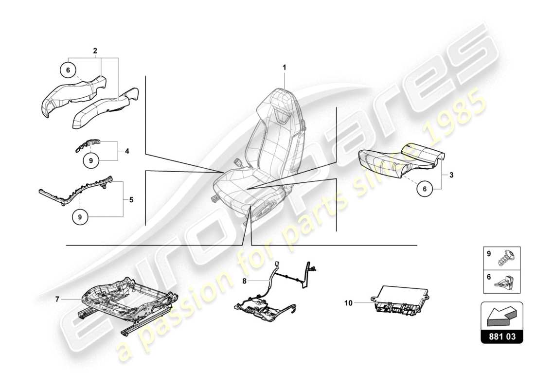 lamborghini 2020 (evo coupe) diagrama de piezas de la caja de asiento