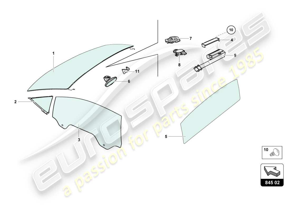 lamborghini performante spyder (2019) vidrios de ventanas diagrama de piezas