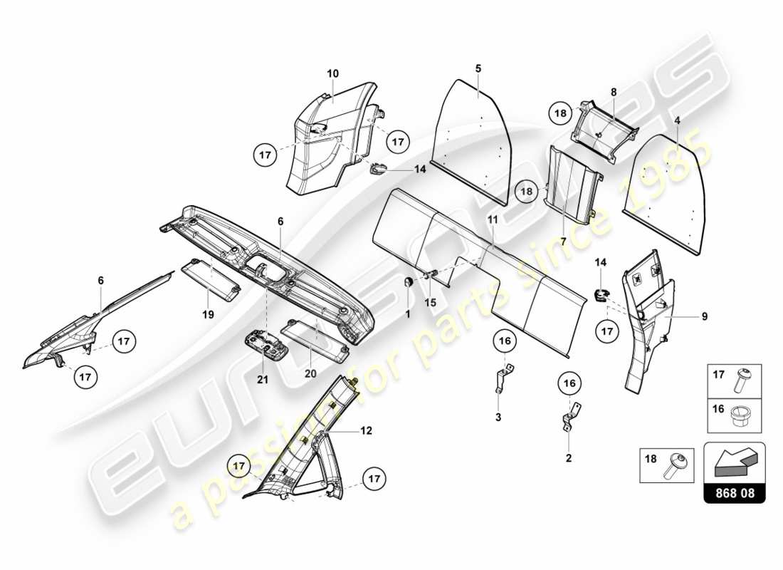lamborghini centenario roadster (2017) decoración interior diagrama de piezas