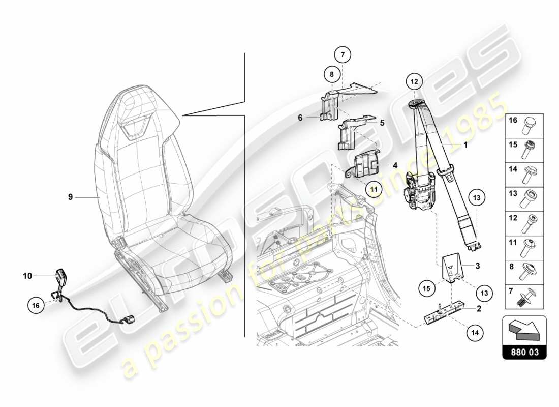 lamborghini 2016 (lp610-4 spyder) diagrama de piezas de cinturones de seguridad