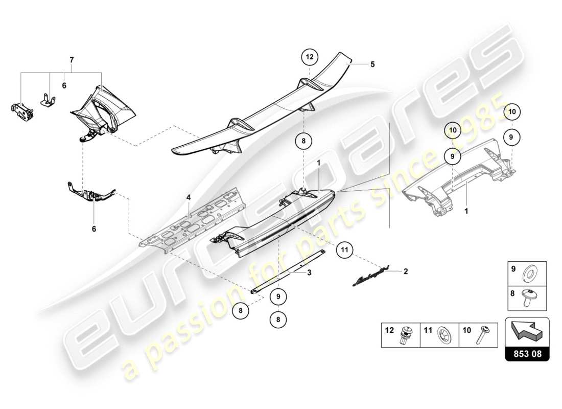 lamborghini 2019 (performante spyder) diagrama de piezas del alerón del capó