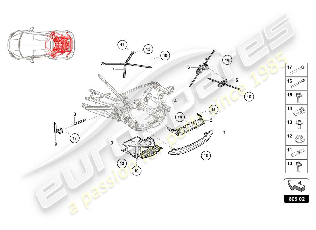 lamborghini 2018 (performante spyder) diagrama de pieza exterior trasero del chasis