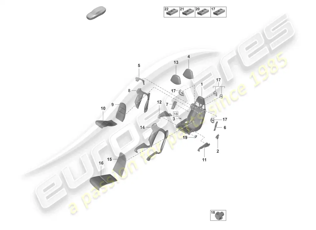 porsche 2022 (992-1 gt3/rs/st) asiento de cubo marco del asiento fundas de asiento pieza de espuma diagrama de piezas