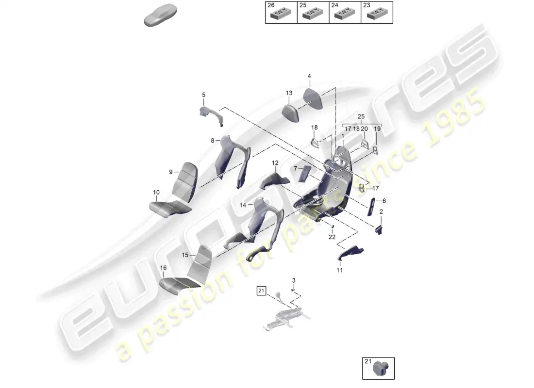 porsche 2022 (992-1 gt3/rs/st) asiento de cubo marco del asiento fundas de asiento pieza de espuma diagrama de piezas