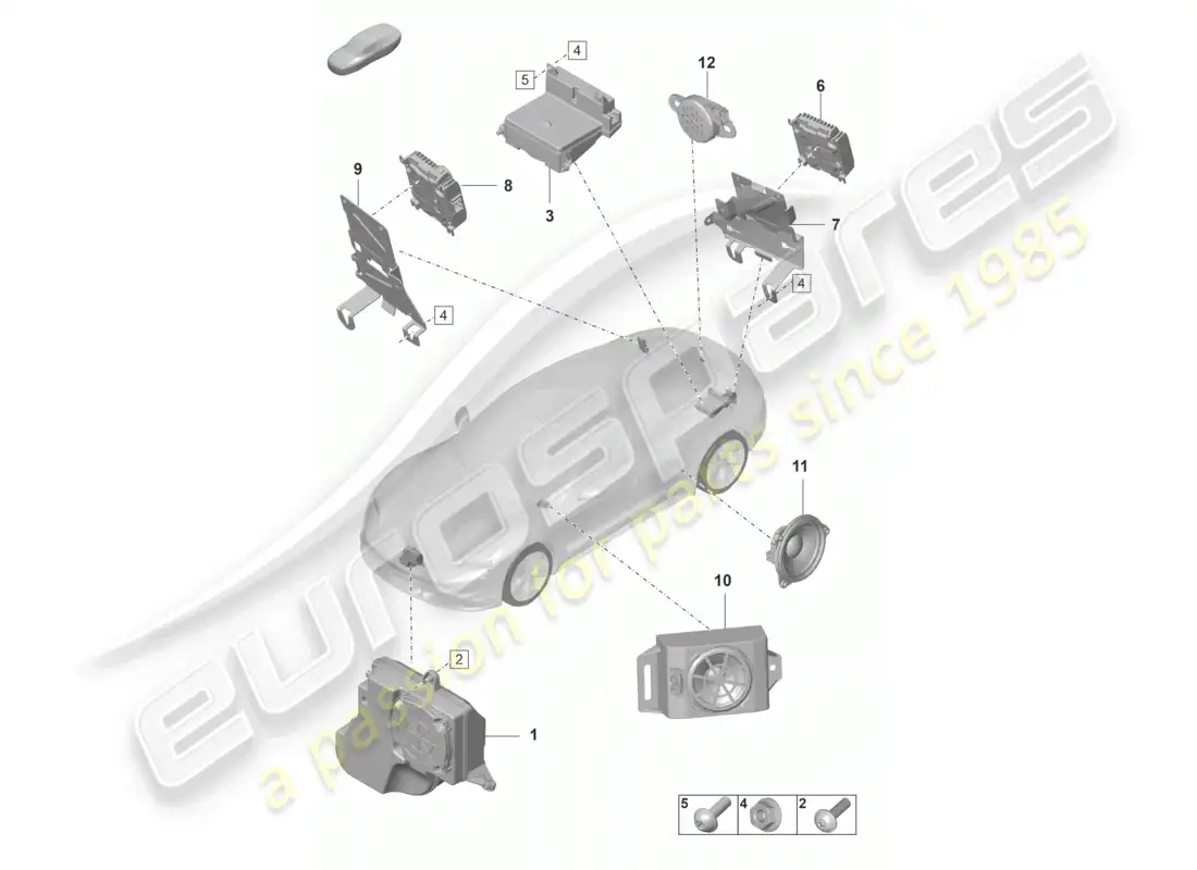 porsche 2021 (taycan 9j1-1) sistema de sonido del motor altavoz ayuda al aparcamiento avisador acústico para vehículos con activación eléctrica del portón trasero diagrama de piezas