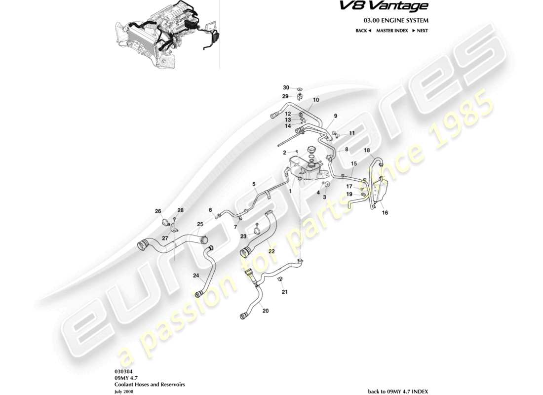 aston martin v8 vantage (2013) diagrama de piezas del depósito y mangueras de refrigerante