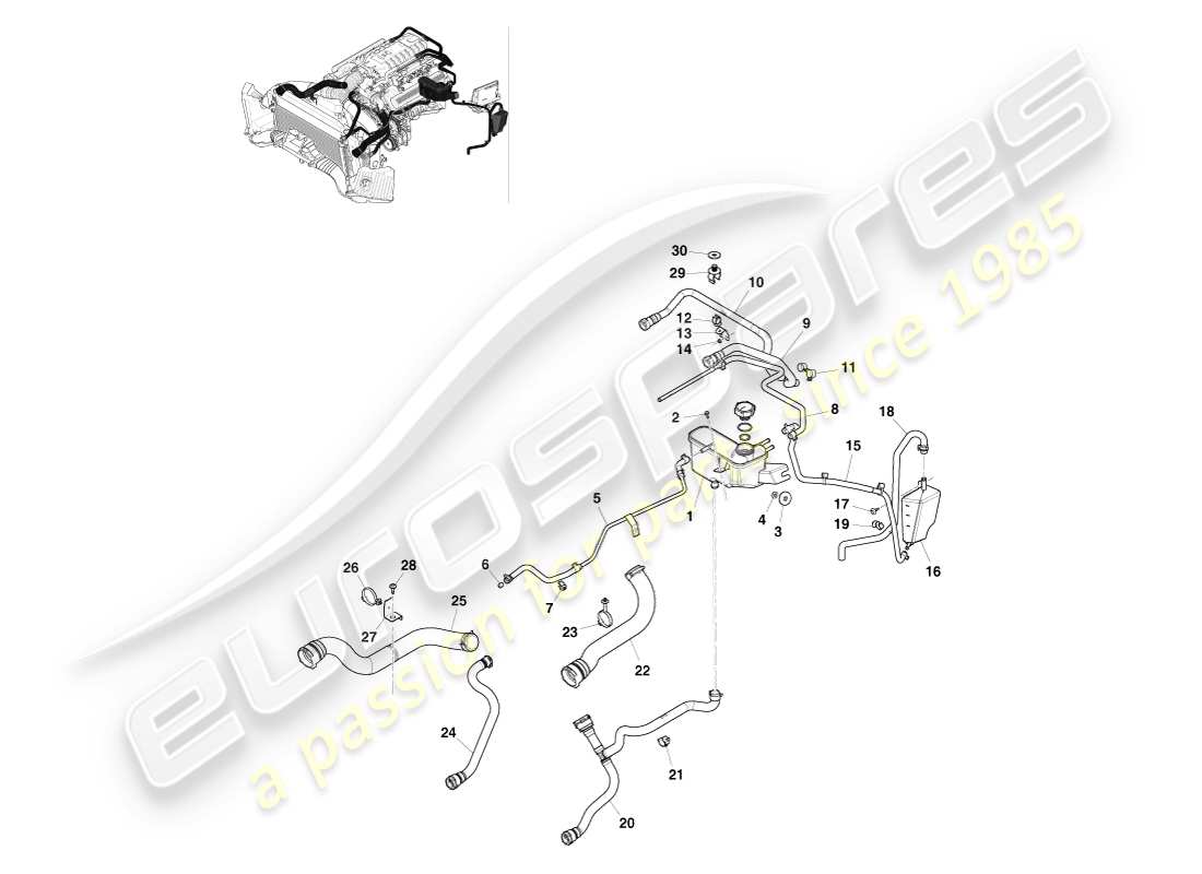 aston martin v8 vantage (2005) diagrama de piezas del depósito y mangueras de refrigerante