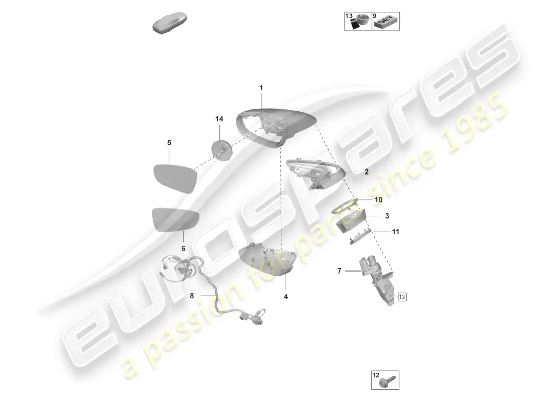porsche 2022 (992-1 gt3/rs/st) espejo exterior diagrama de piezas