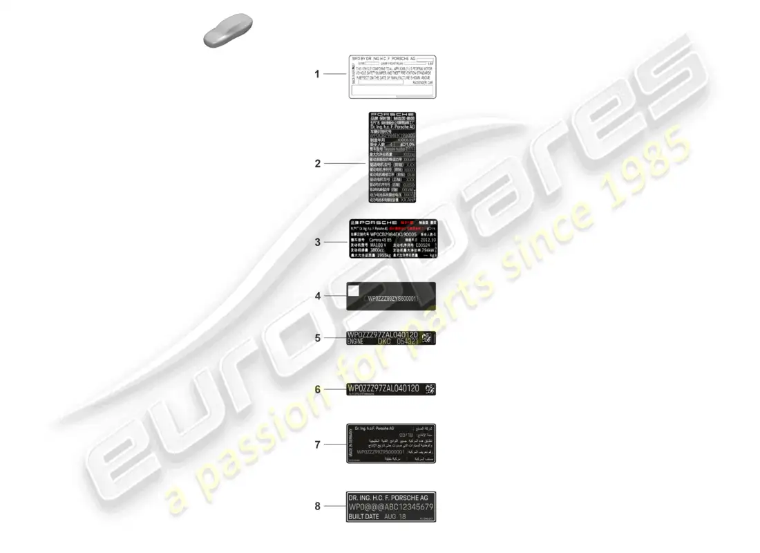 porsche 2020 (taycan 9j1-1) certificado de calcomanía de ee. uu. certificado de calcomanía de canadá etiqueta de datos china corea rusia d >>- diagrama de piezas mj 2021