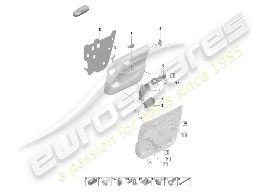 porsche 2020 (taycan 9j1-1) diagrama de piezas de sujetadores de accesorios del panel de la puerta delantera